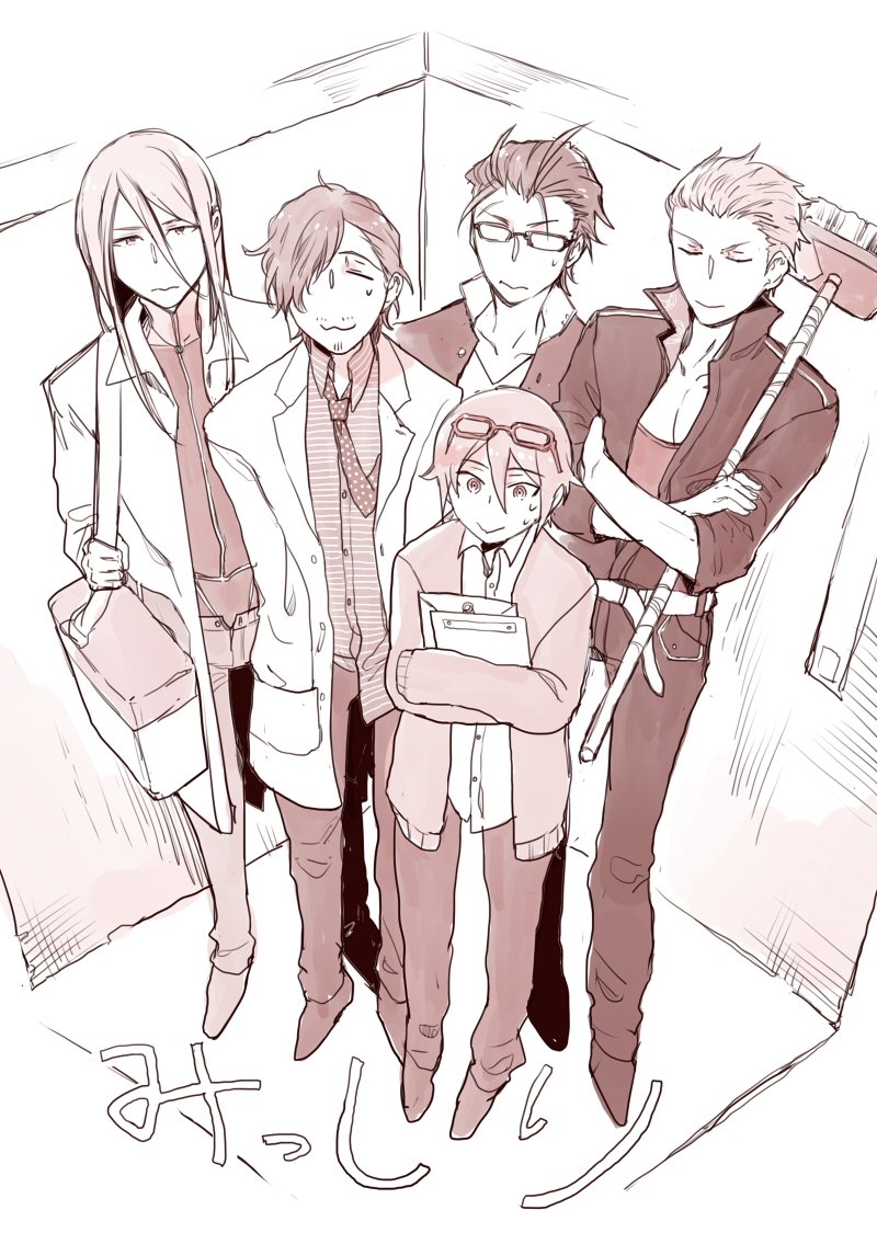 5boys, :3, elevator, from_above, gakuran, glasses, glasses_on_head, hands_in_pockets