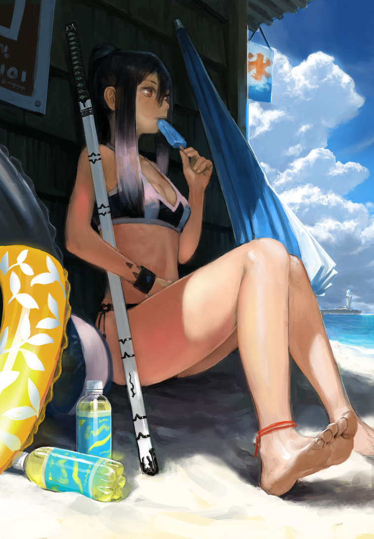 1girl, anklet, barefoot, beach, bikini, black_hair, brown_eyes, clouds