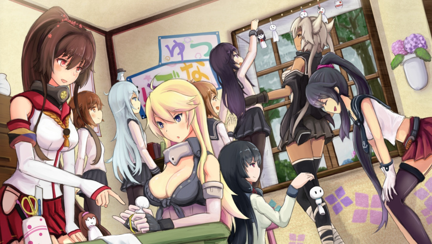 6+girls, :d, ^_^, ahoge, akatsuki_(kantai_collection), black_hair, black_legwear, blonde_hair