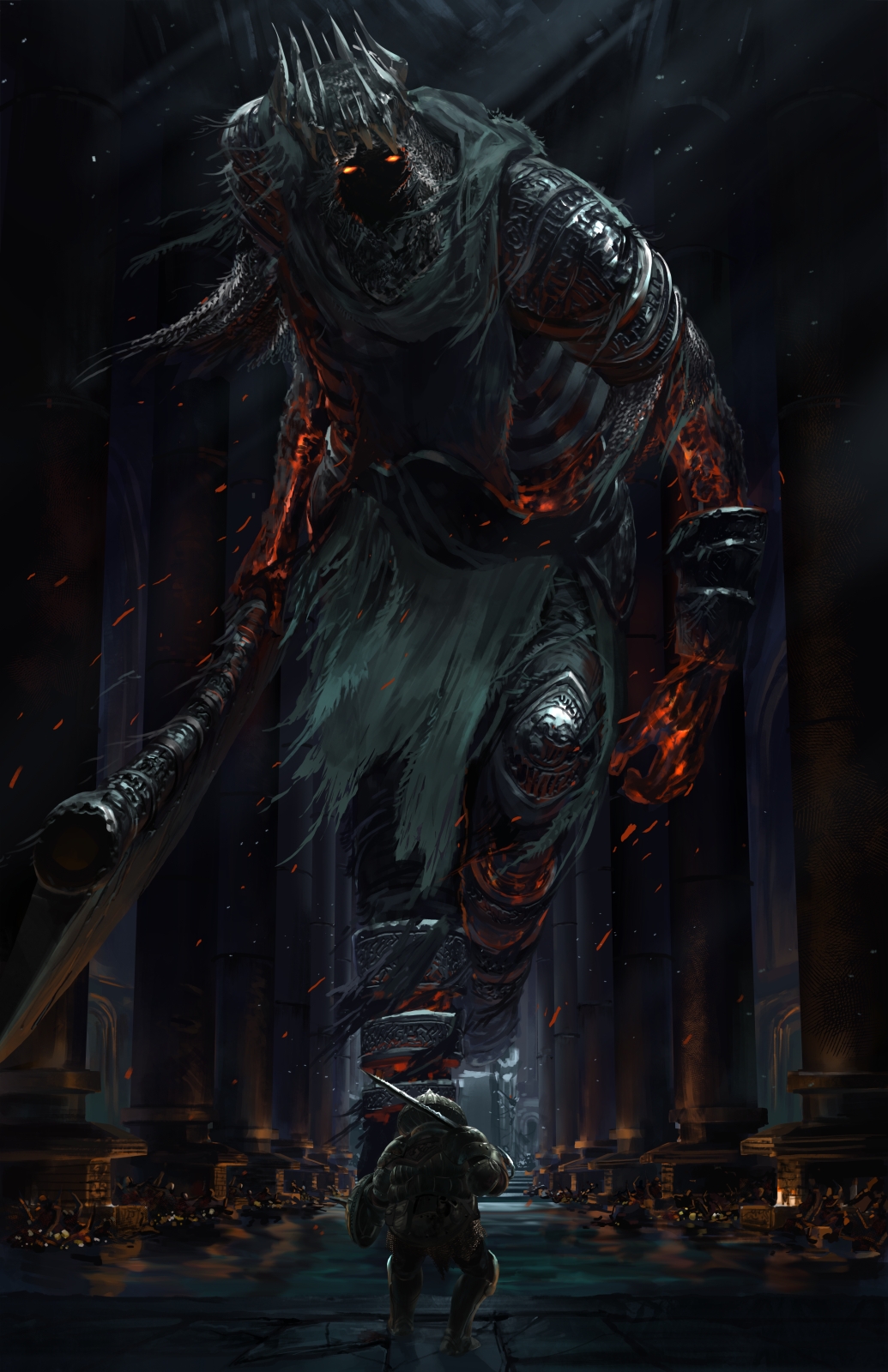armor, burning, dark_souls_iii, from_software, giant, glowing, glowing_eyes, highres, huge_weapon, ishutani, siegward_of_catarina, souls_(from_software), sword, weapon, yhorm_the_giant
