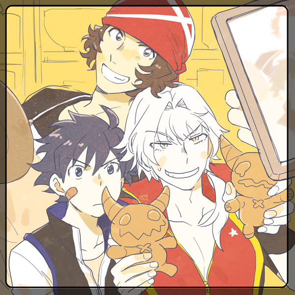 3boys, bandaid, bandaid_on_face, black_border, blue_eyes, blue_hair, border, brown_hair