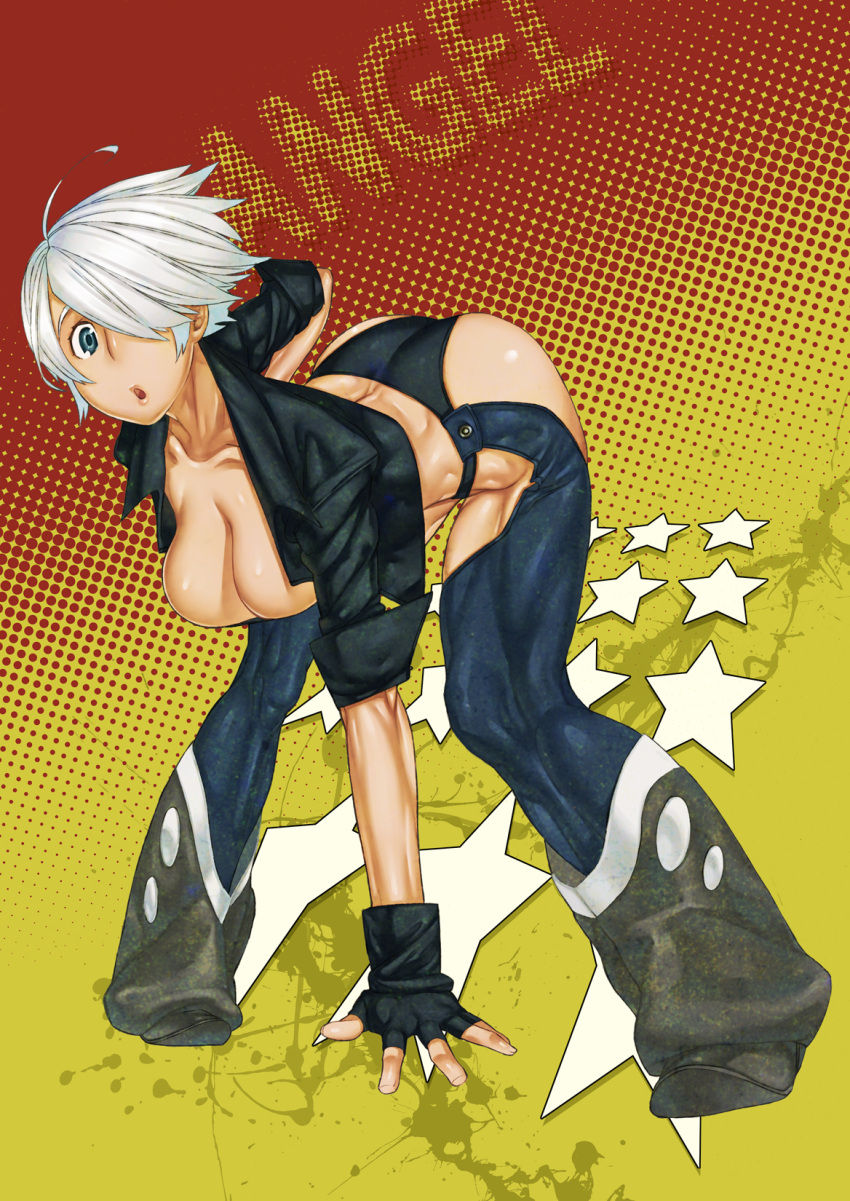 :o, angel_(kof), ass, bent_over, breasts, cleavage, fingerless_gloves, gloves