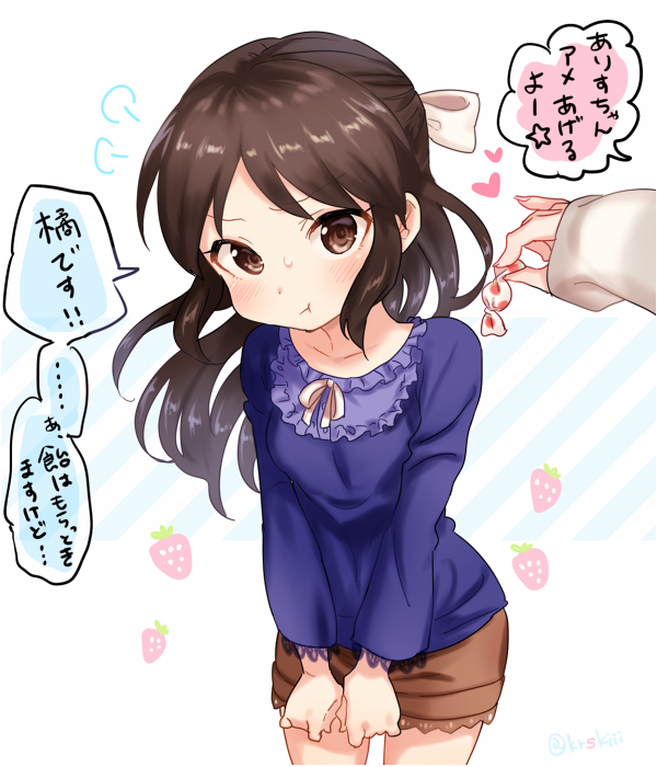 1girl, =3, blue21, blush, bow, brown_eyes, brown_hair, candy