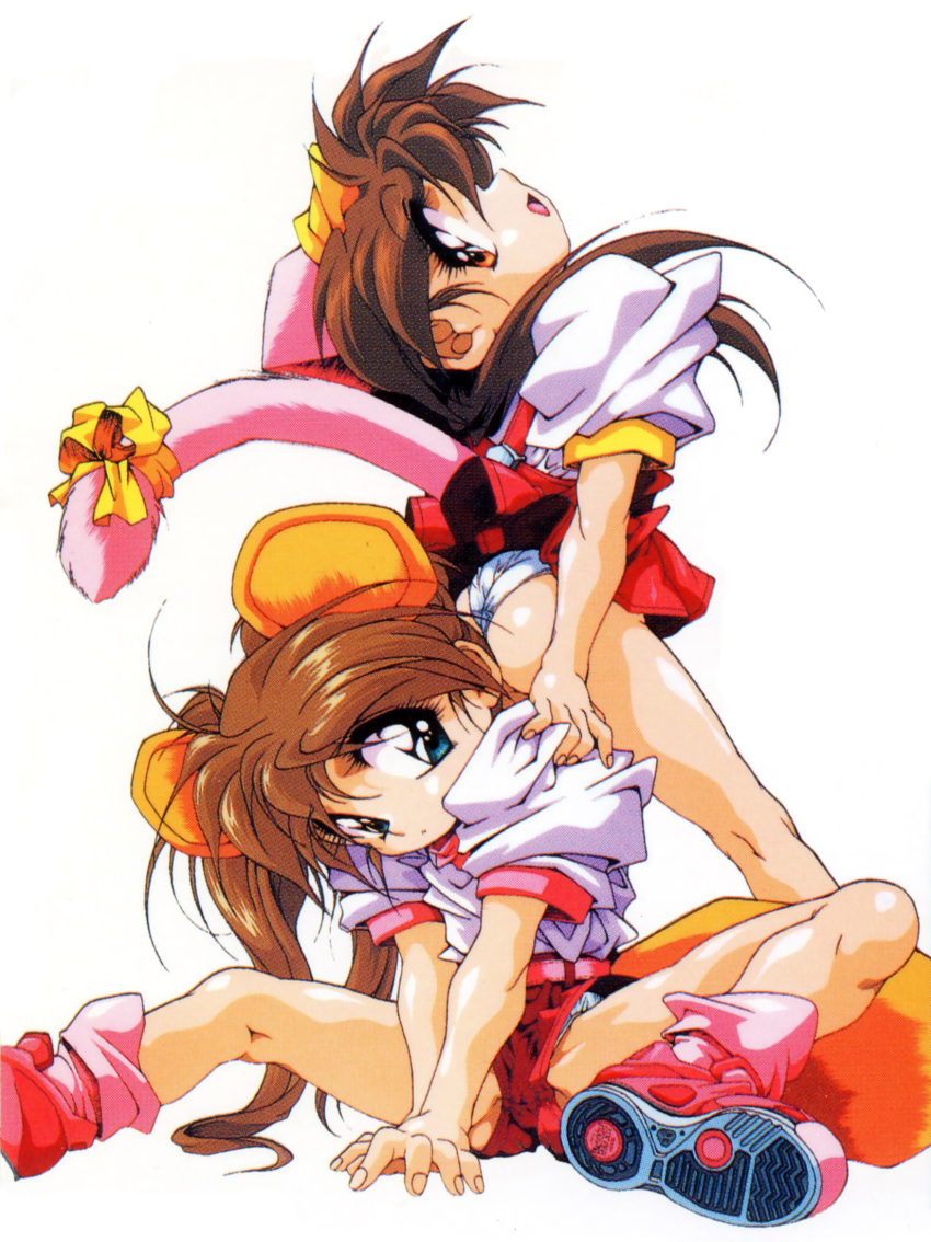 2girls, animal_ears, aqua_eyes, artist_request, ass, brown_hair, character_request, chip-chan_kick!