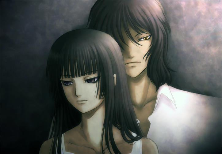 black_hair, blunt_bangs, brown_hair, ga-rei, ga-rei_zero, hime_cut, iizuna_noriyuki, isayama_yomi, long_hair, mc-4, noriyuki_iizuna, purple_eyes, violet_eyes, yellow_eyes