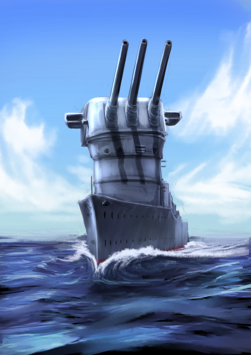 cannon, clouds, commentary, destroyer, inazuma_(destroyer), ishii_hisao, kantai_collection, looking_up, military, military_vehicle, no_humans, ocean, pun, ship, sky, turret, warship, watercraft, waves