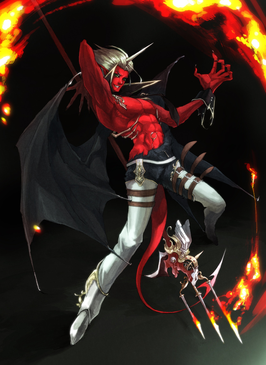 1boy, abs, absurdres, boots, demon, demon_wings, fire, food_fighter_441