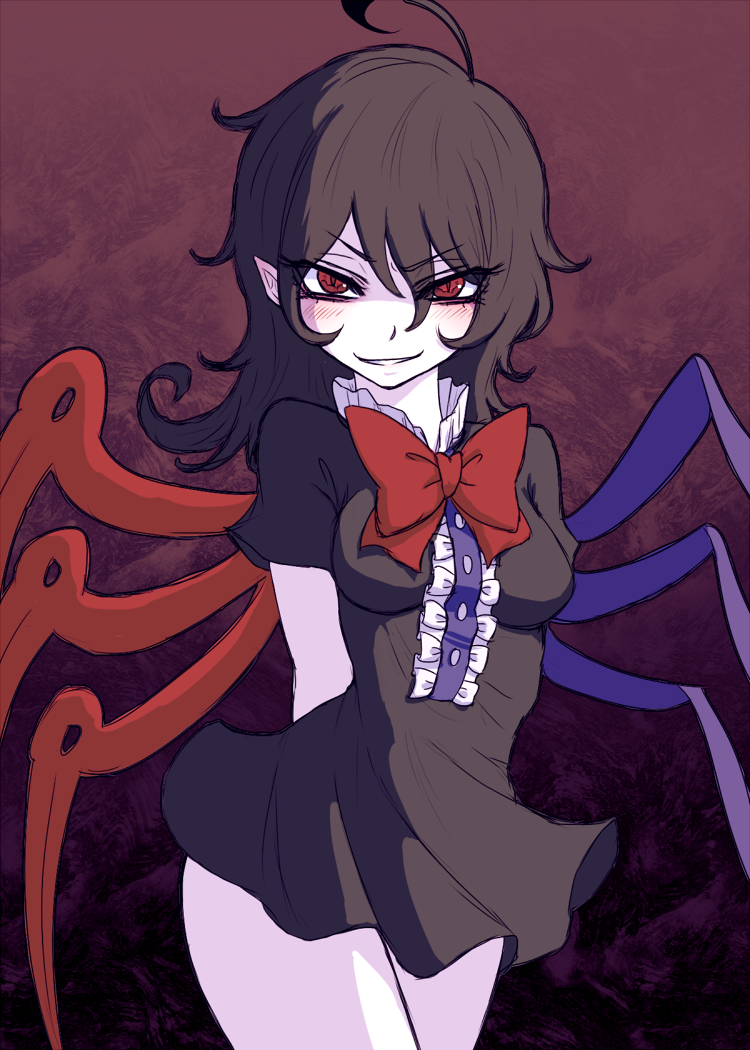 1girl, ahoge, arms_behind_back, asymmetrical_wings, black_dress, black_hair, blush, breasts