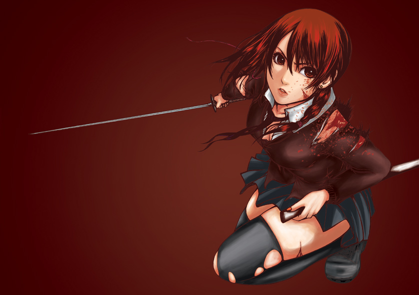 blood, braid, brown_eyes, brown_hair, karasu_(pixiv), katana, looking_up, original