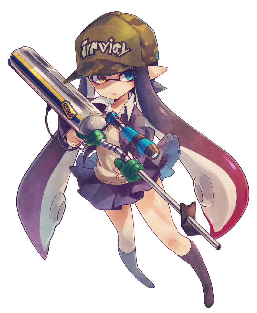 1girl, baseball_cap, black_hair, black_legwear, blazer, blue_eyes, brown_eyes, camouflage_hat