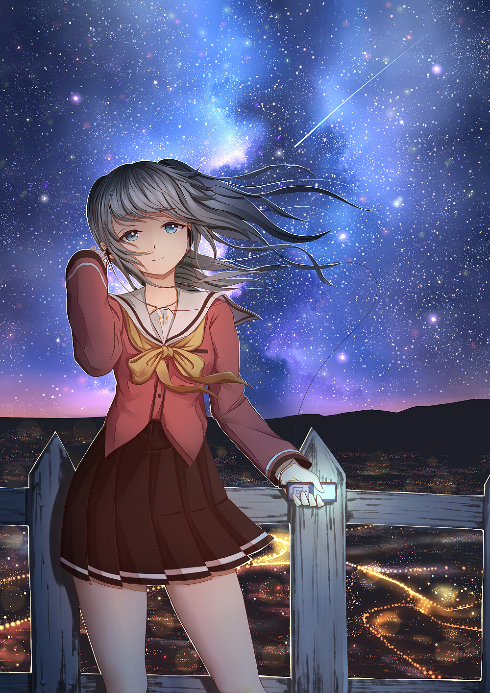 1girl, black_skirt, blue_eyes, charlotte_(anime), collarbone, earphones, grey_hair, highres