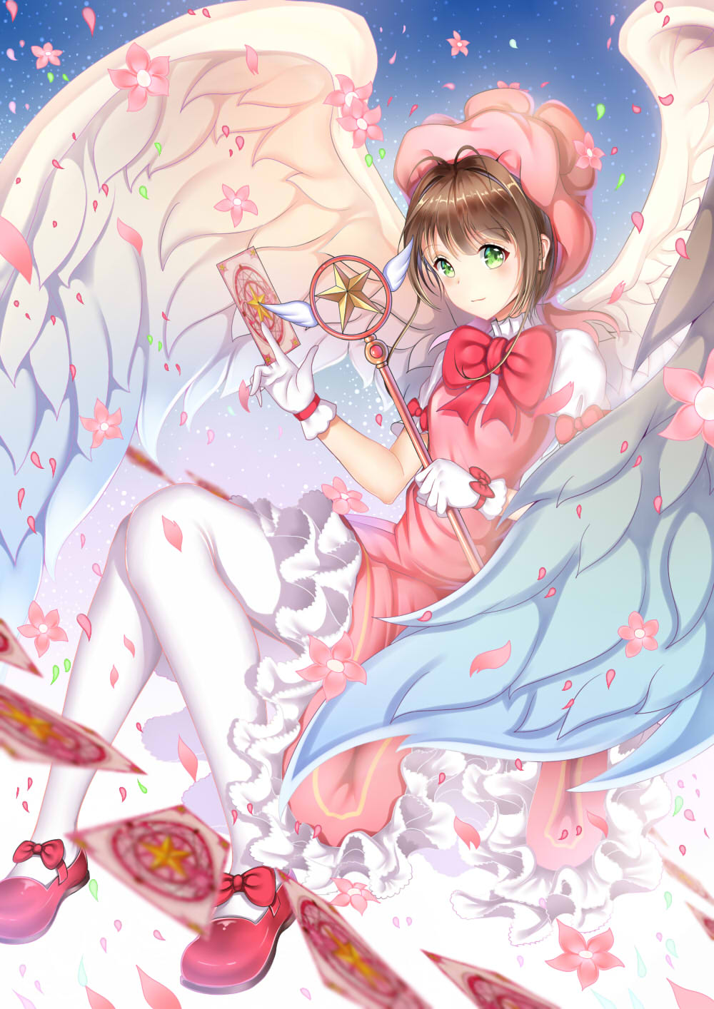 1girl, brown_hair, card, cardcaptor_sakura, cherry_blossoms, dress, flower, gloves