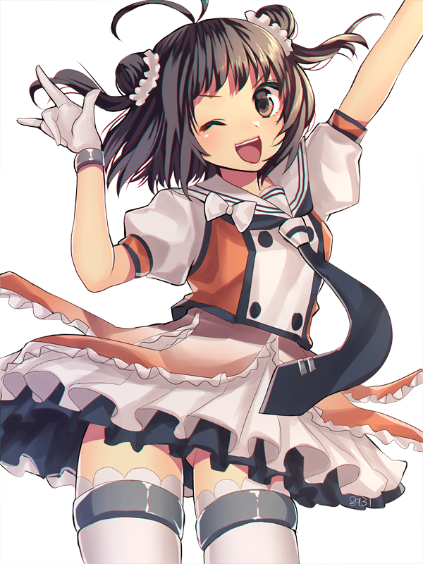 >;d, 1girl, ;d, antenna_hair, arms_up, black_necktie, brown_eyes, brown_hair