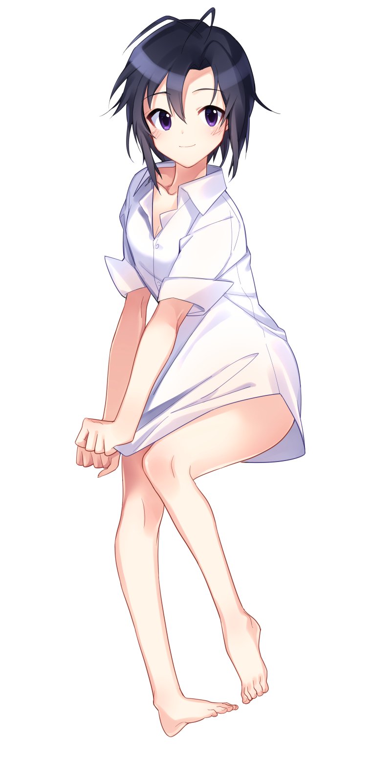 1girl, antenna_hair, bare_legs, barefoot, black_hair, blush, commentary_request, dress_shirt