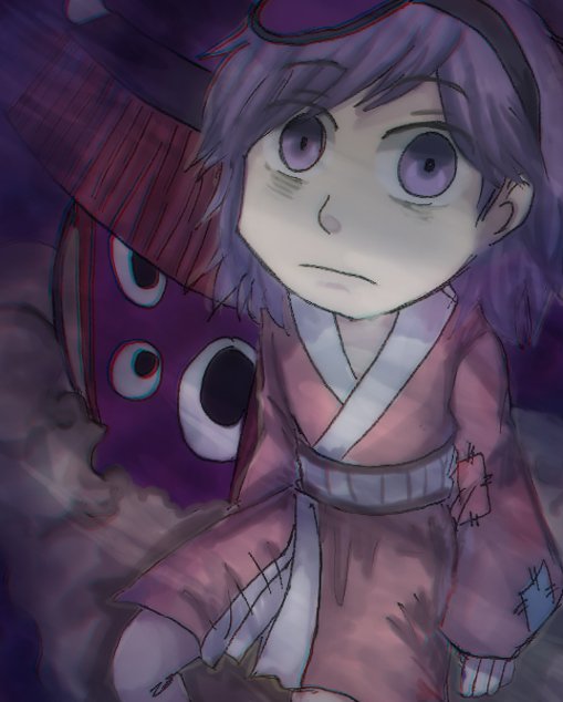androgynous, brilliant_pagoda_or_haze_castle, empty_eyes, extra_eyes, from_above, hair_ornament, japanese_clothes, kimono