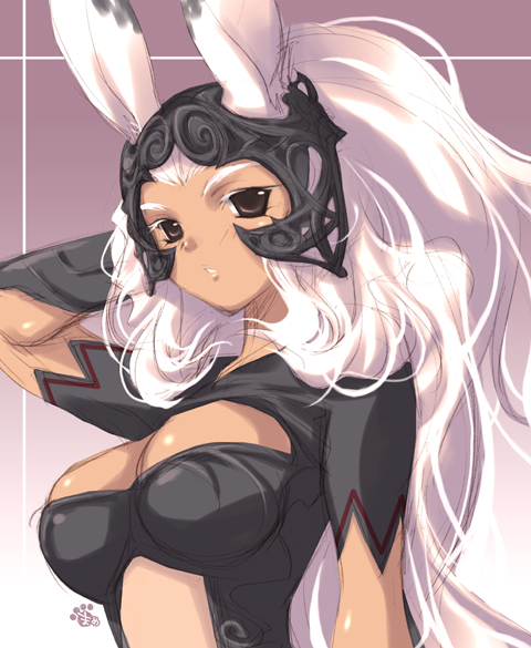armor, breasts, brown_eyes, bunny_ears, cleavage, dark_skin, final_fantasy, final_fantasy_xii