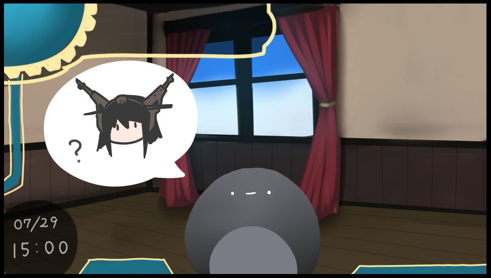 commentary_request, curtains, gameplay_mechanics, i-class_destroyer, jugem-t, kantai_collection, kuchiku_i-kyuu, nagato_(kantai_collection), office, parody, shinkaisei-kan, sketch, window