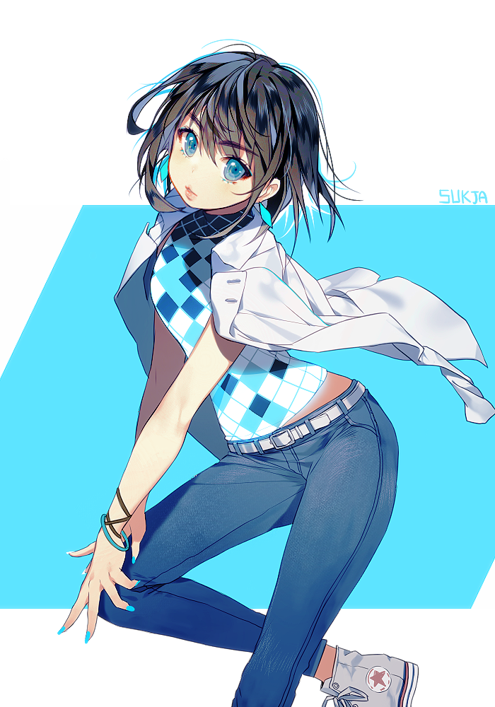 1girl, aqua_eyes, artist_name, bare_arms, belt, black_hair, blue_eyes, blue_nails