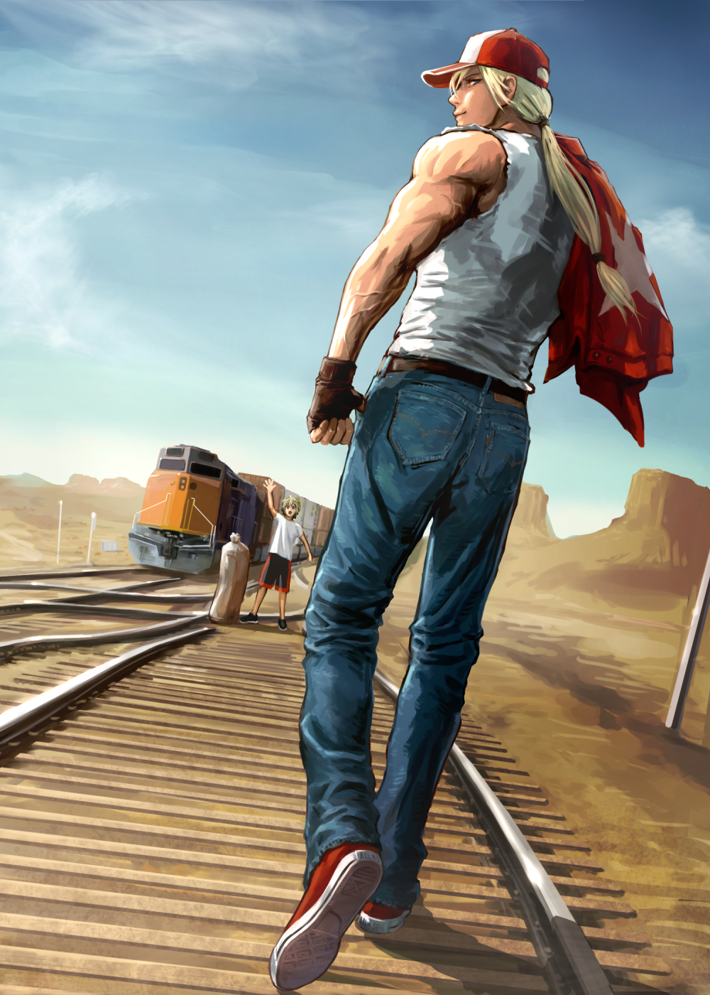 2boys, baseball_cap, blonde_hair, blue_eyes, denim, fatal_fury, father_and_son, fingerless_gloves