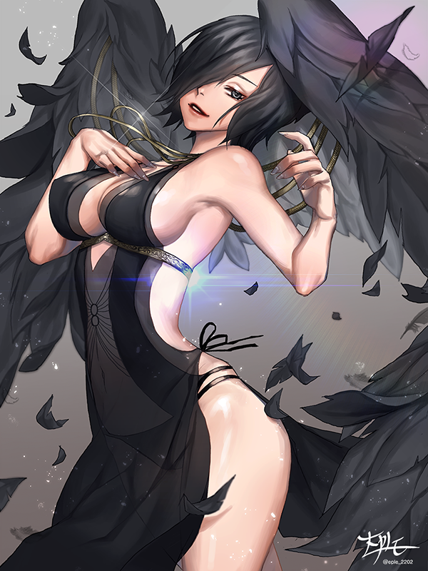 1girl, armpits, artist_name, bare_arms, bare_shoulders, black, black_dress, black_feathers