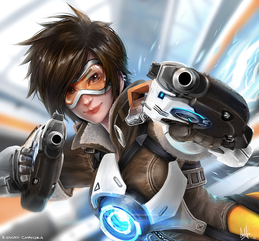 1girl, aiming_at_viewer, brown_hair, dual_wielding, goggles, gun, handgun, looking_at_viewer