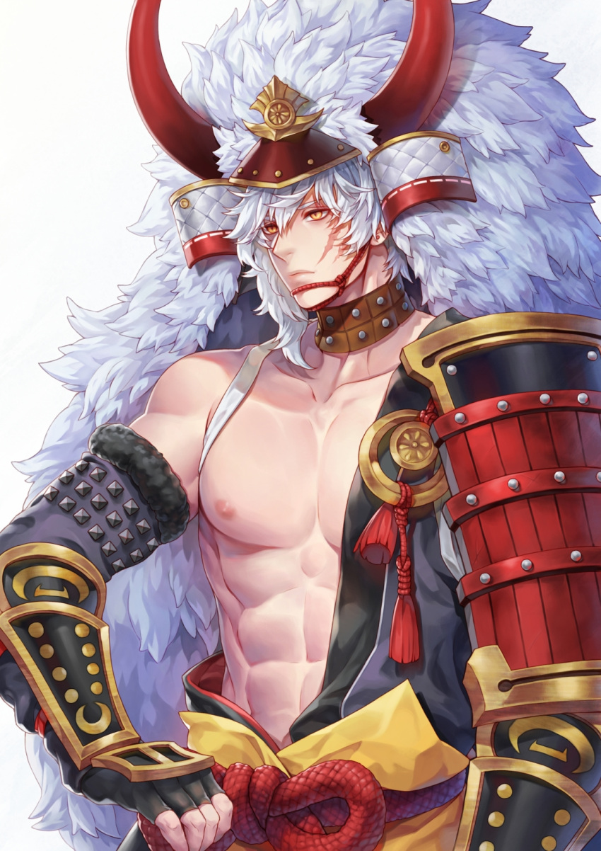 1boy, abs, highres, male_focus, samurai, scar, seven_knights, simple_background