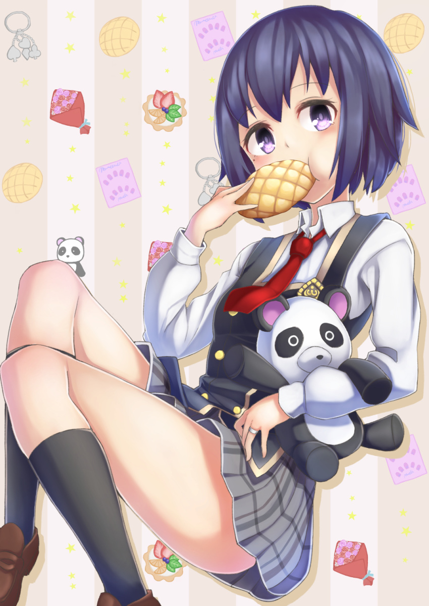 1girl, black_legwear, blue_hair, blush, bread, food, highres, loafers