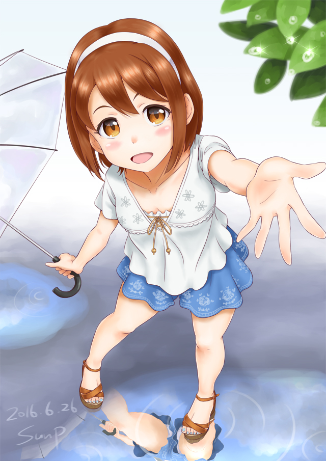 1girl, armpit_peek, artist_name, blouse, blush, brown_eyes, brown_hair, casual