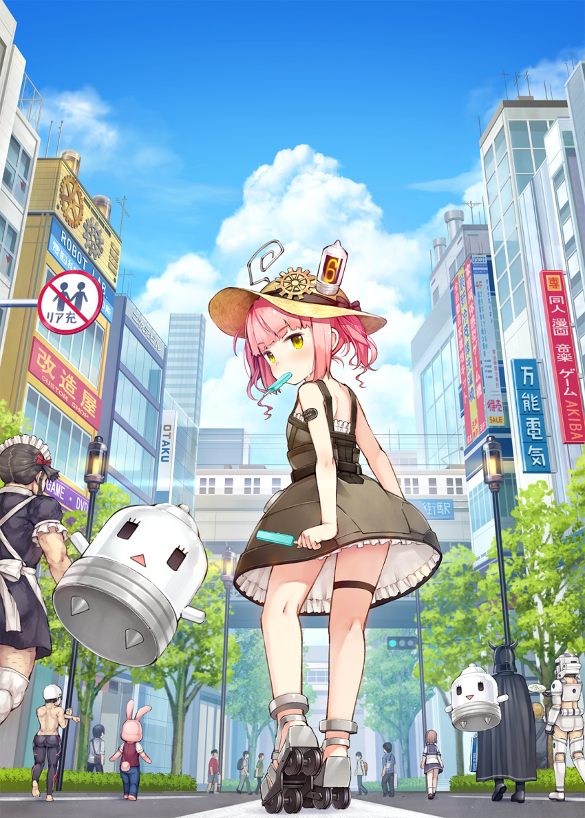 1girl, 2girls, 6+boys, akicolle, animal_costume, animal_ears, armor, back, backpack, bag, bangs, bare_back, beard, black_bow, black_hair, blue_sky, blush, boots, bow, bridge, brown_eyes, building, bunny_costume, bunny_tail, cape, clouds, cosplay, crossdressinging, darth_vader, dress, eating, eyebrows, eyebrows_visible_through_hair, facial_hair, from_behind, full_body, gears, hat, helmet, highres, holding, horns, leg_hair, looking_at_viewer, looking_back, maid, mouth_hold, multiple_boys, multiple_girls, namaru_(summer_dandy), official_art, out_of_frame, pink_hair, popsicle, rabbit_ears, red_bow, road, road_sign, roller_skates, school_uniform, serafuku, shop, short_hair, short_twintails, sign, skates, skirt, skirt_lift, sky, socks, solo_focus, sportswear, star_wars, stormtrooper, stretch, sun_hat, sweat, tail, thigh-highs, traffic_light, tree, triangle_mouth, twintails, white_legwear, yellow_eyes