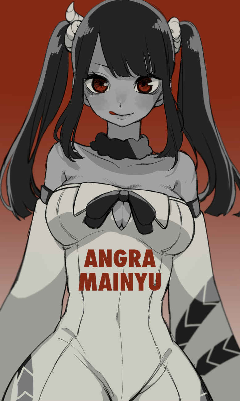 1girl, :q, angra_mainyu_(samon-kun), arms_at_sides, bangs, bare_shoulders, blurry, breasts, character_name, cleavage, covered_navel, cowboy_shot, depth_of_field, detached_collar, eyelashes, gradient, gradient_background, highres, large_breasts, long_hair, looking_at_viewer, off_shoulder, red_eyes, samon-kun_wa_summoner, sidelocks, solo, tongue, tongue_out, upper_body, usasaki_shiro