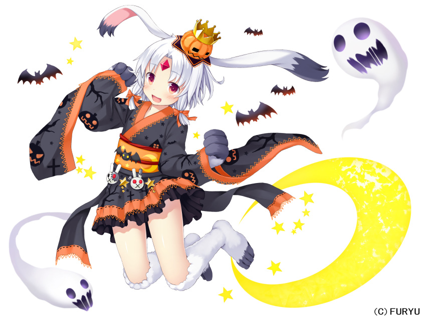 1girl, animal_ears, arm_up, bangs, bat, blush, bow, bunny_girl