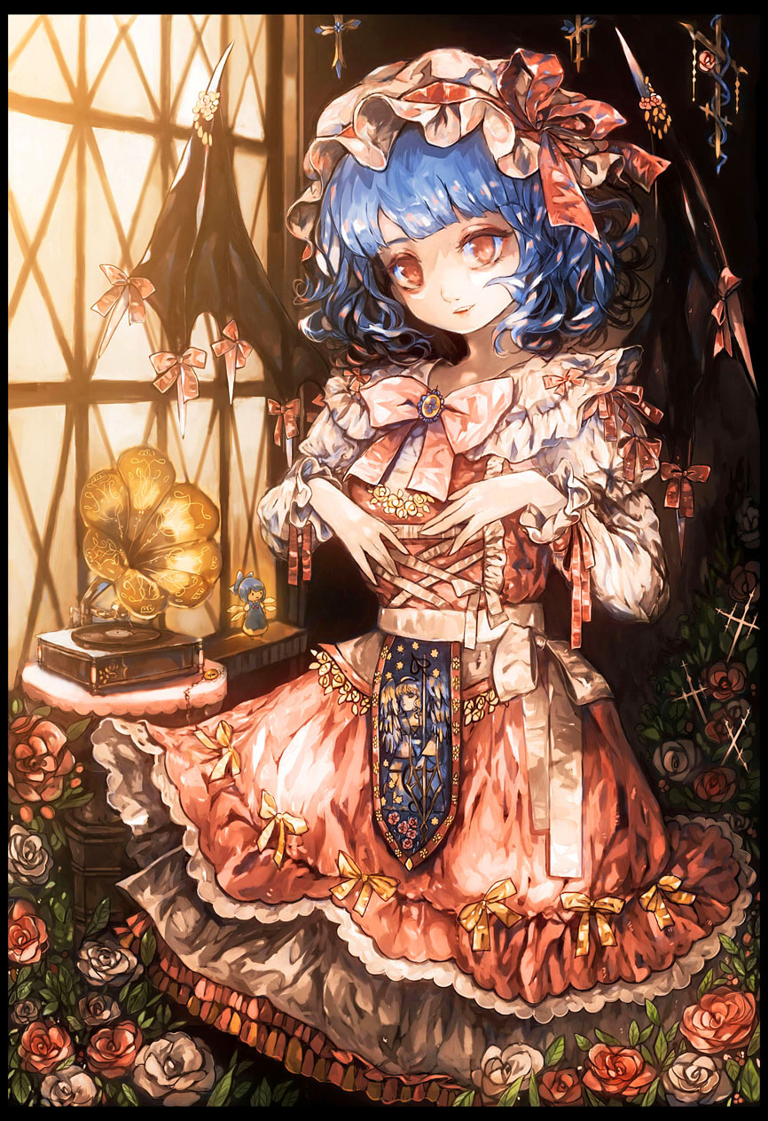 1girl, adapted_costume, bad_id, bat_wings, blue_hair, border, bow, character_doll