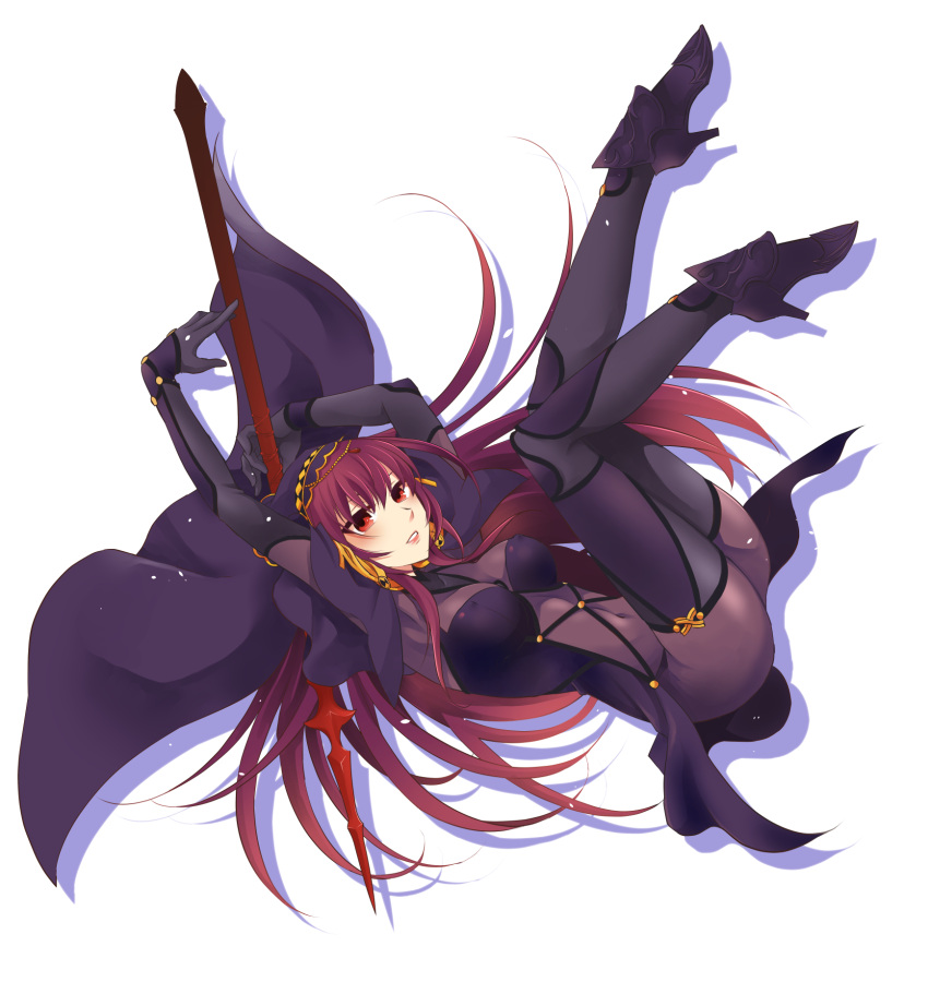 1girl, bodysuit, breasts, covered_navel, covered_nipples, fate/grand_order, fate_(series), gae_bolg, highres, long_hair, medium_breasts, parted_lips, polearm, purple_hair, red_eyes, scathach_(fate/grand_order), shadow, simple_background, solo, spear, terai_arina, veil, weapon