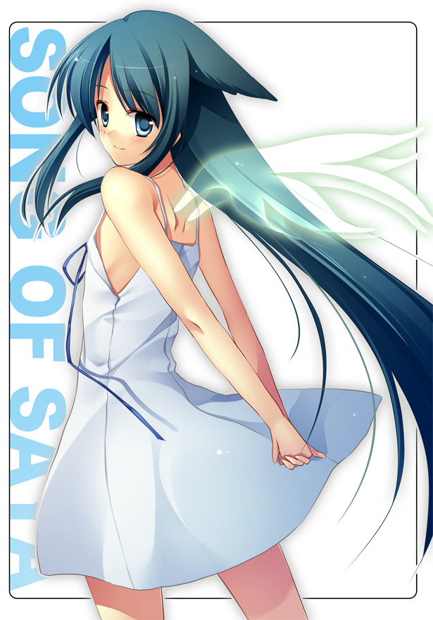 dress, green_eyes, green_hair, long_hair, looking_back, mee_(pixiv61701), saya, saya_no_uta, smile, very_long_hair, wings