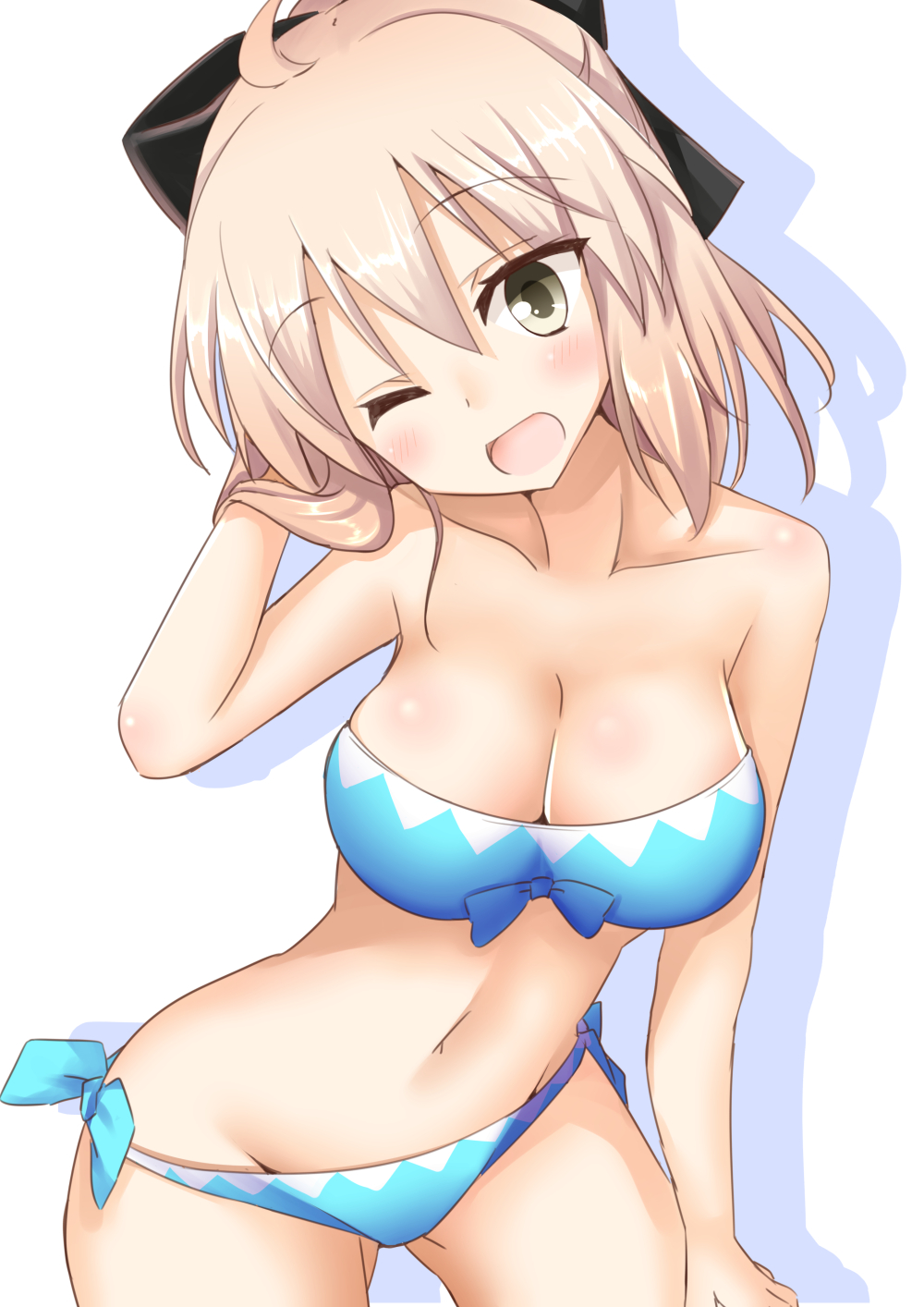 1girl, bandeau, bikini, blonde_hair, body_blush, breasts, cleavage, fate/grand_order, fate/stay_night, fate_(series), grey_eyes, highres, koha-ace, large_breasts, looking_at_viewer, mito_yoshihiro, navel, one_eye_closed, open_mouth, sakura_saber, short_hair, side-tie_bikini, solo, swimsuit