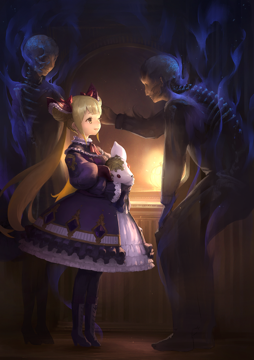1girl, :d, bangs, black_legwear, blonde_hair, boots, bow, creature, cross-laced_footwear, crystal, double_bun, dress, eyelashes, fire, frilled_dress, frills, glowing, glowing_eyes, hair_ornament, hand_on_another's_head, highres, lace-trimmed_sleeves, lace-up_boots, lamp, leaning_forward, long_hair, long_sleeves, looking_at_another, luna_(shadowverse), neck_ribbon, noske, open_mouth, pantyhose, puffy_sleeves, purple_dress, red_bow, red_eyes, red_ribbon, ribbon, shadowverse, sheep_head, skeleton, smile, smoke, spine, standing, twintails, very_long_hair, wall, yellow_eyes