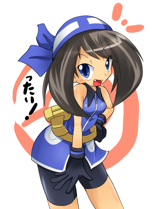 bag, bandana, bike_shorts, blue_eyes, brown_hair, crombaster, fangs, fanny_pack