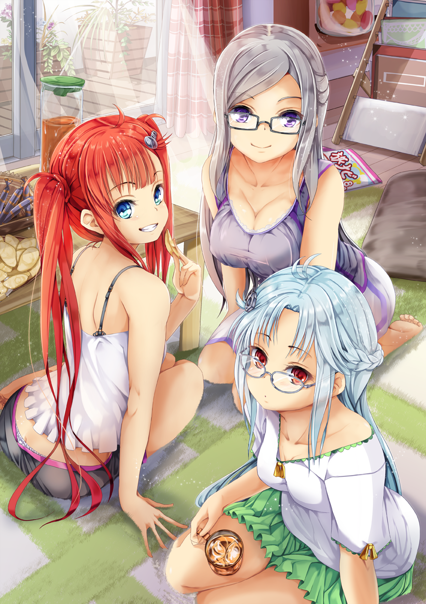 3girls, :d, antenna_hair, bag_of_chips, balcony, bangs, bare_arms, bare_legs