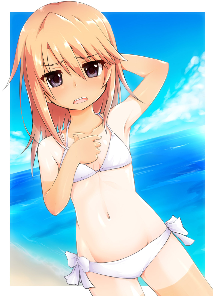 1girl, accessory_tan, beach, black_eyes, blonde_hair, flat_chest, highres, idolmaster