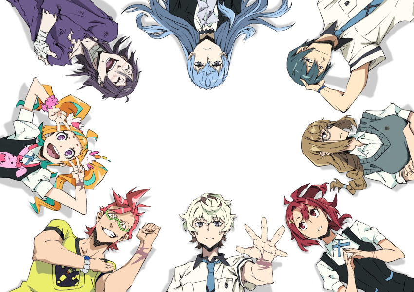 4boys, 4girls, agata_katsuhira, arai_hiroki, bandages, blue_hair, blue_necktie, blush