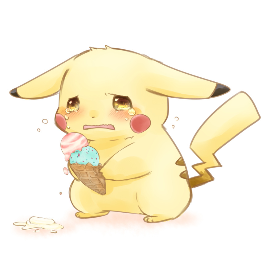 asyuaffw, blush, commentary_request, crying, crying_with_eyes_open, food, highres, ice_cream, ice_cream_cone, ice_cream_cone_spill, no_humans, pikachu, pokemon, pokemon_(creature), sad, simple_background, tears, wavy_mouth, white_background