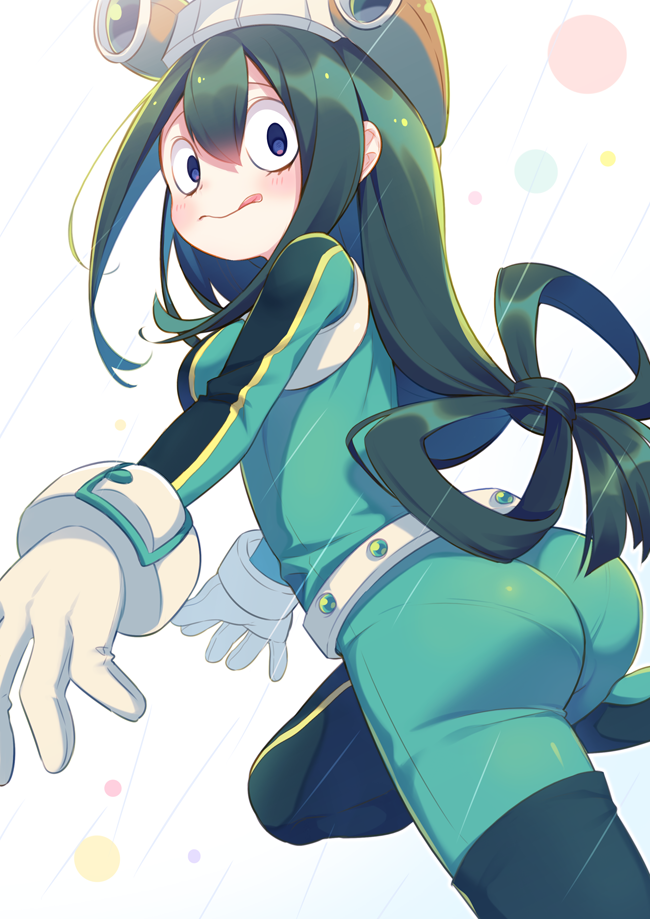 1girl, 3:, ass, asui_tsuyu, bangs, belt, black_hair, blue_eyes