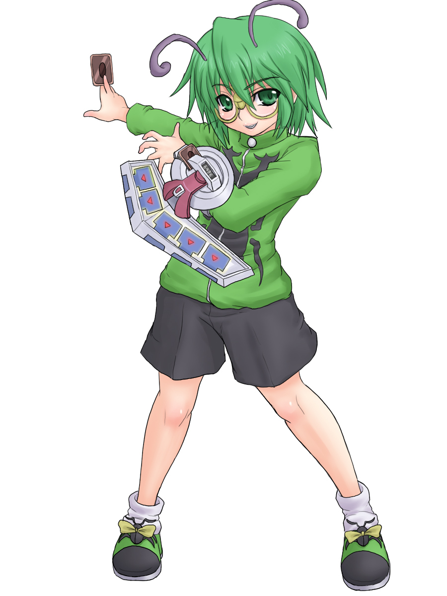 1girl, antenna, antennae, card, cosplay, duel_disk, female, glasses, green_eyes, green_hair, highres, holding, holding_card, insector_haga, insector_haga_(cosplay), kuro_suto_sukii, reverse_trap, short_hair, shorts, solo, touhou, wriggle_nightbug, yu-gi-oh!, yuu-gi-ou, yuu-gi-ou_duel_monsters
