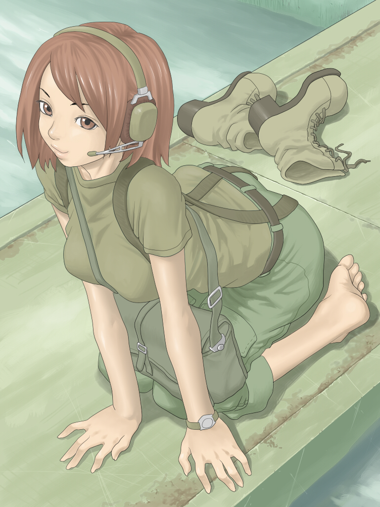 artist_request, bag, barefoot, boots, brown_eyes, brown_hair, feet, hands