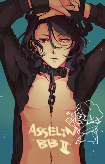 1boy, asselin_bb_ii, black_hair, blue_background, chain, character_name, chibi, cuffs