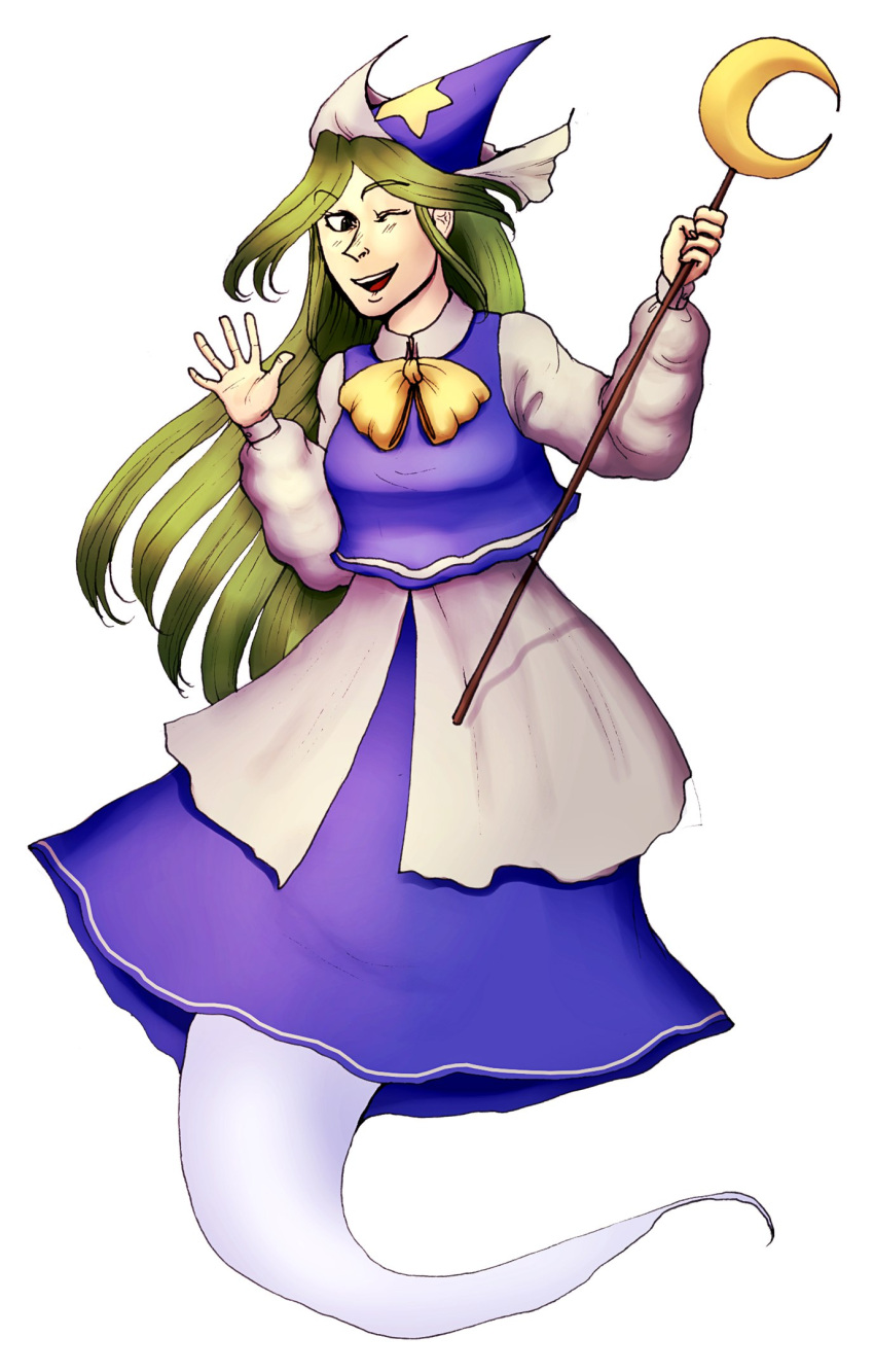1girl, blue_dress, bow, full_body, ghost_tail, green_eyes, green_hair, hat, long_hair, mima, moonywitcher, open_mouth, smile, solo, touhou, wink