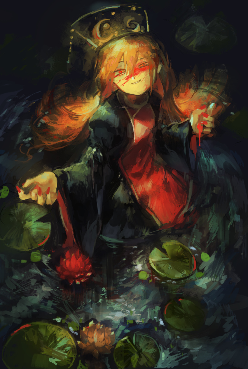 1girl, absurdres, black_dress, blood, blood_on_face, bloody_hands, chinese_clothes, dark