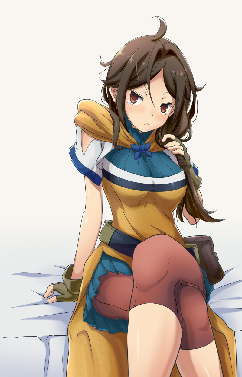 1girl, arpeggio_el_lelena, bed_sheet, black_hair, blue_skirt, brown_eyes, brown_gloves, fingerless_gloves
