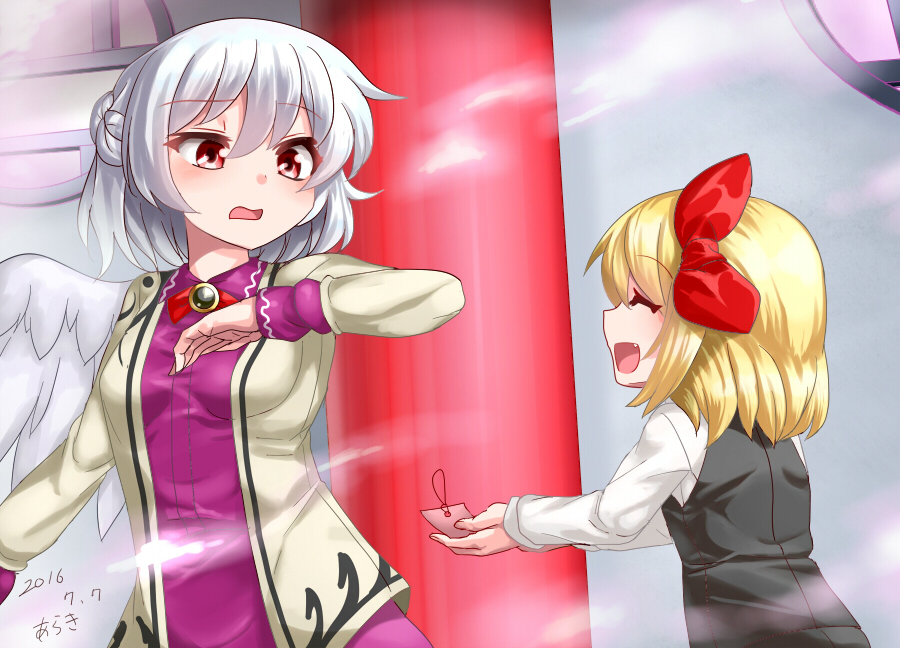 2girls, :d, araki_(qbthgry), braid, dress, fang, jacket, kishin_sagume, multiple_girls, open_mouth, rumia, shirt, short_hair, silver_hair, single_wing, smile, tanabata, touhou, vest, wings
