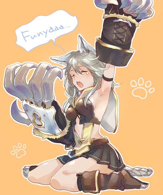 1girl, animal_ears, arm_up, armlet, bangs, black_skirt, boots, breasts